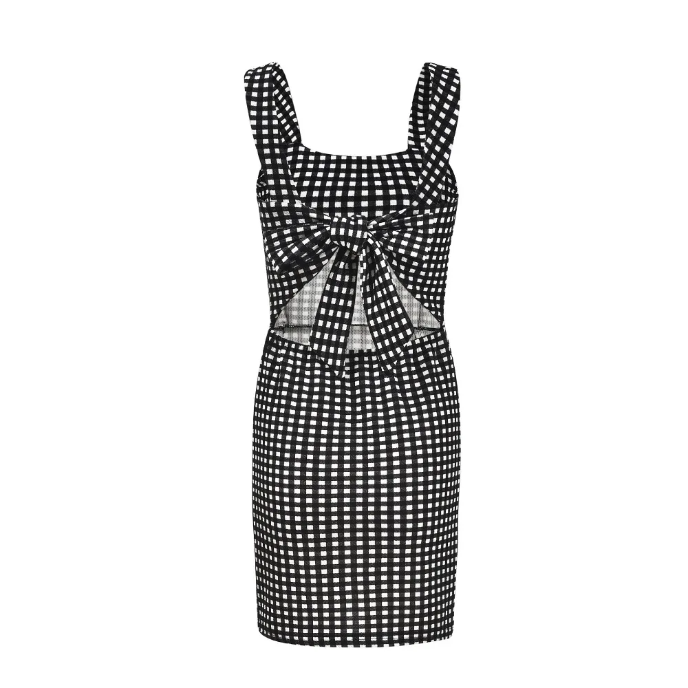 Hollow Out Bow Plaid Print Slim Dress Retro Strapped Square Collar Sexy Pencil Dresses Beach Style White+Black Backless Summer | Женская