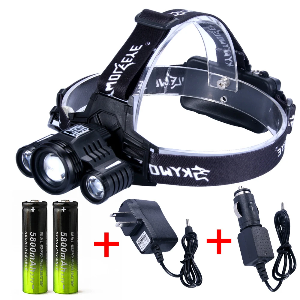 Светодиодный налобный фонарик с линзой рыбалка 2 * XPE 1 T6 USB Перезаряжаемый датчик