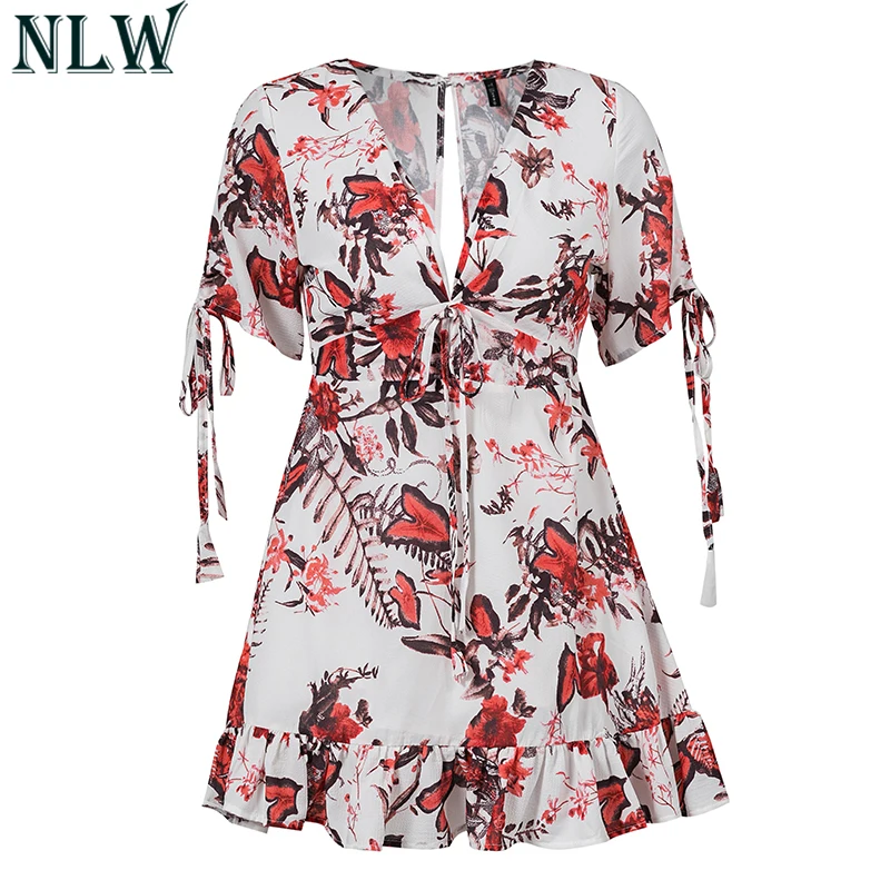 Nlw Boho Цветочный розовый Мини шифоновое платье Для женщин V шеи Сексуальная Летнее