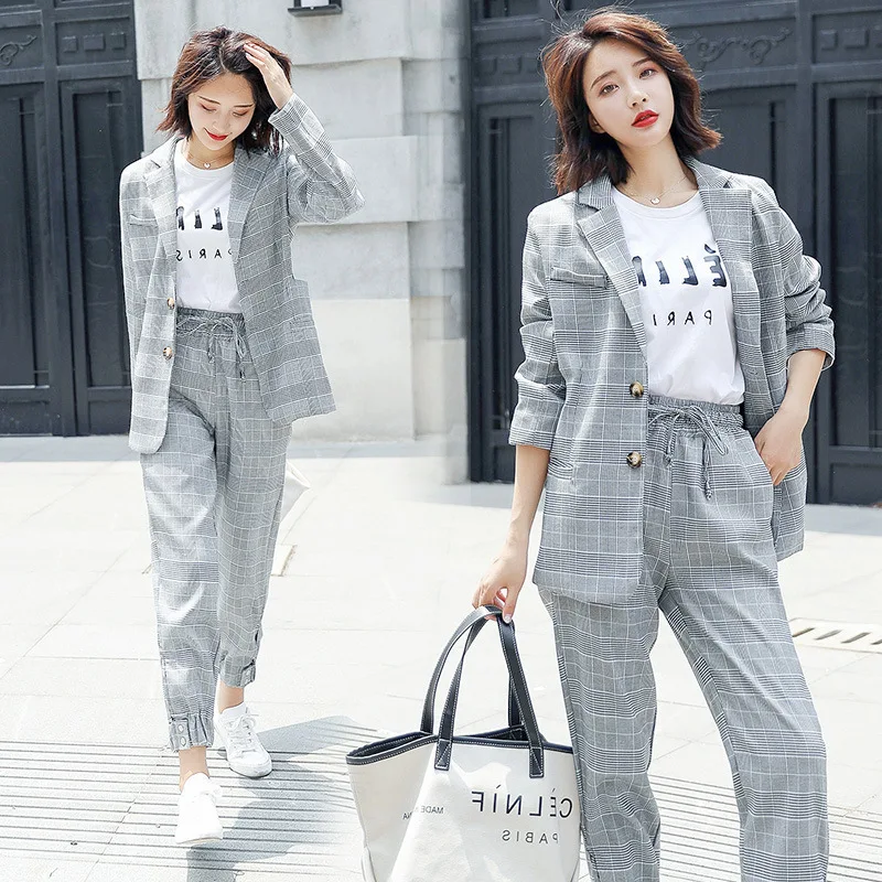 Костюм Женский Повседневный клетчатый Модный Универсальный простой