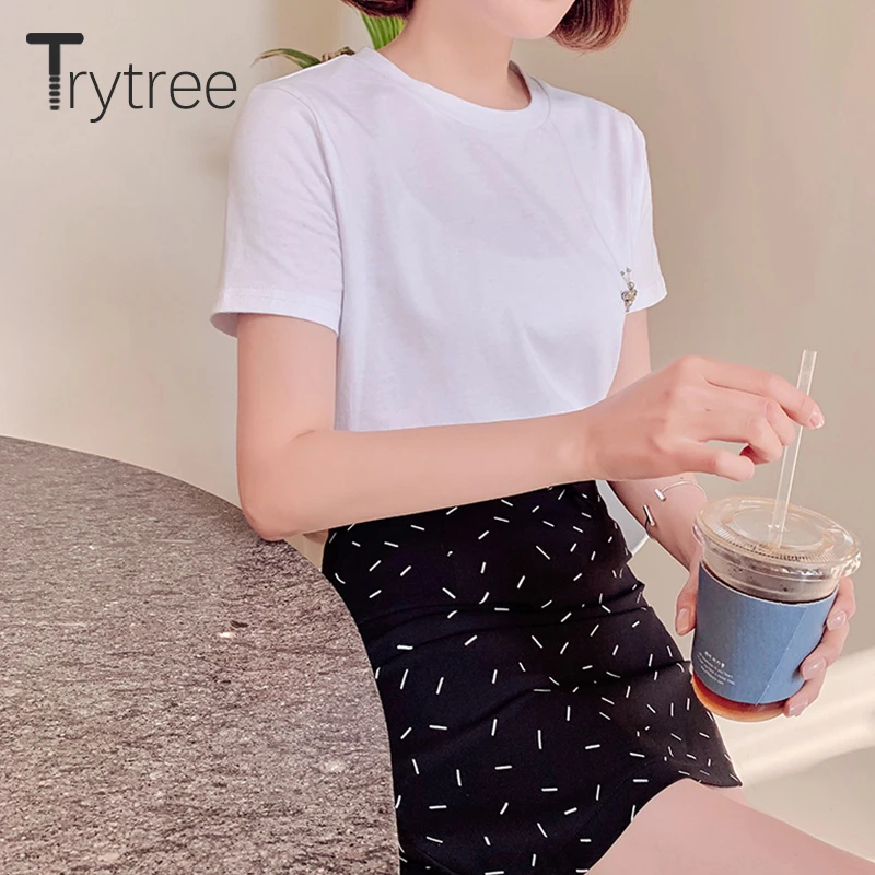 Trytree Летняя Повседневная Женская Однотонная футболка женский Топ хлопок