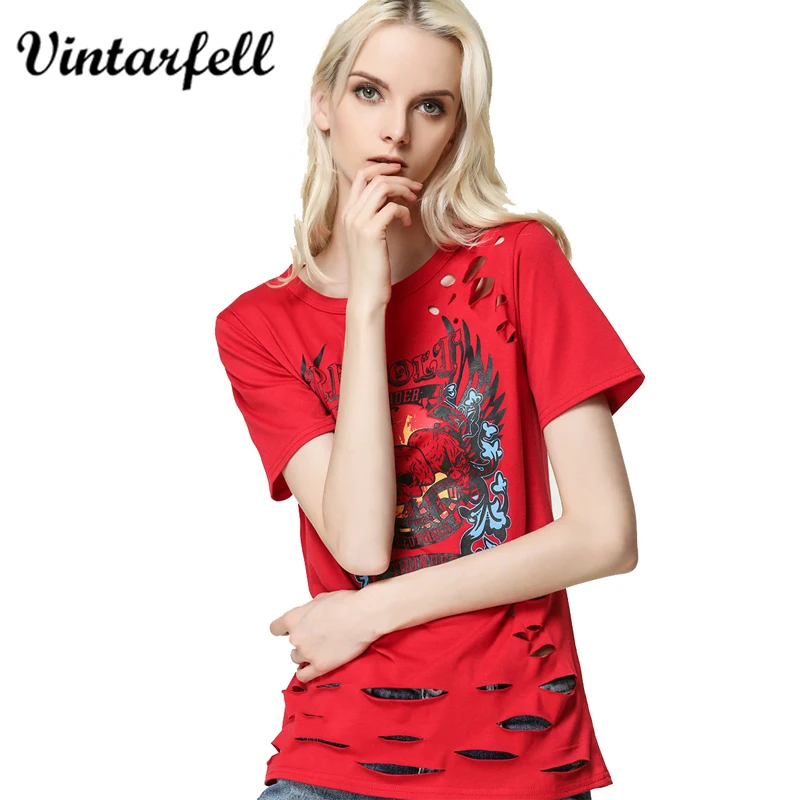 Vintarfell короткий рукав отверстие футболки Для женщин 2018 Лето Винтаж Футболка с