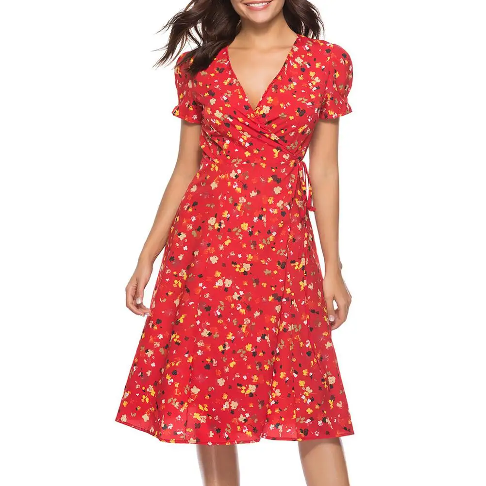 Yfashion Summer Fashion Floral Dress Women V Collar Slit Lacing Femme Elegant Midi | Женская одежда