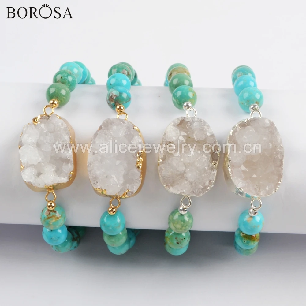

BOROSA новый золотой покрытый серебром натуральный кулон Agates Druzy с 8 мм натуральная Бирюза Бусы Браслеты драгоценные камни браслет G1733