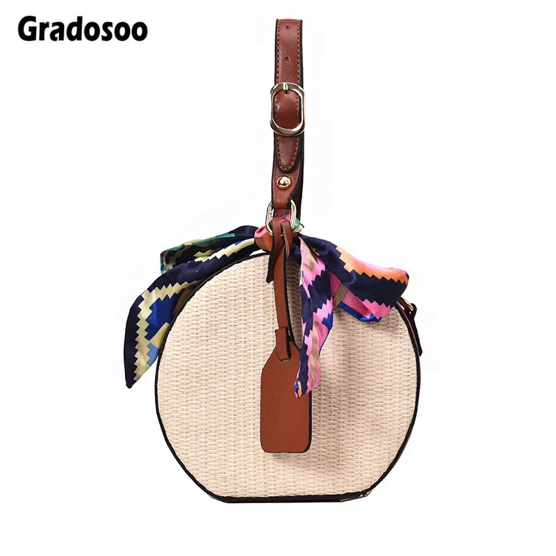 Gradosoo для женщин соломы сумки через плечо Женская мода шарфы круглый седло мешок