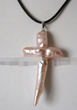 

Jewelr 17.5" Peach Pink Cross Pendant Freshwater Pearl Necklace Black Rope