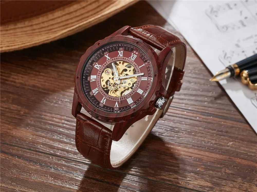 Мужские часы SEWOR автоматические механические в стиле милитари с кожаным скелетом