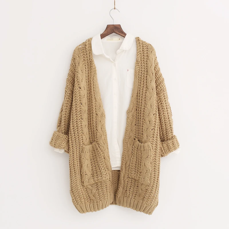 Женский длинный кардиган с карманами повседневный трикотажный завязками