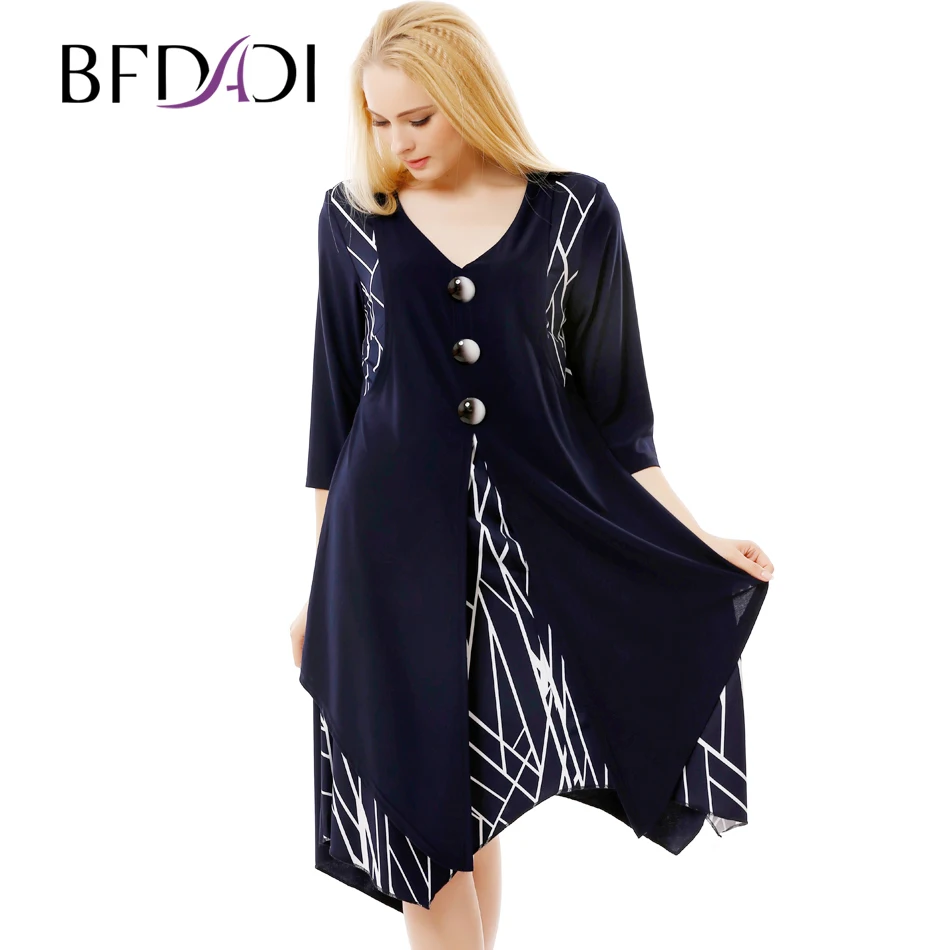 

BFDADI New Arrival Women Retro Casual Loose A-Line Dress 3/4 Sleeved Splicing Irregular hem Big size dress xl-6xl 7-3580