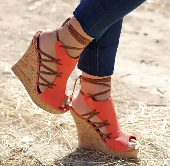 Женские босоножки на танкетке синие/оранжевые сандалии с ремешком щиколотке