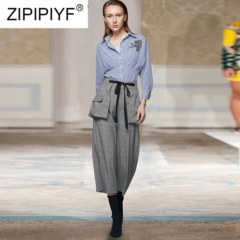 

2019 Fashion Women Sets Long Sleeve Single Breasted Striped Blouse Bodycon Wide Leg Pants Female Elegant Two Pieces Suits K684