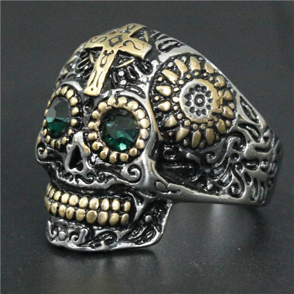 Drop Ship Size 7-14 Cool Fashion Gold Cross Jesus Skull Ring With Green Eyes 316L Stainless Steel Motorcycles Biker | Украшения и