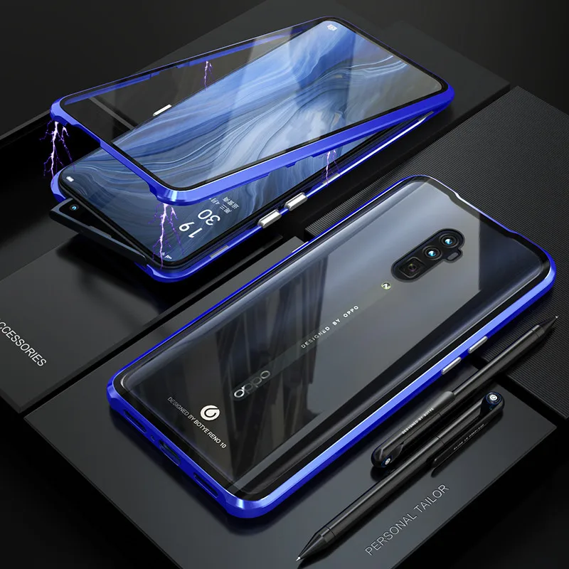blue Чехол на магните для OPPO Reno 10X Zoom, чехол на переднюю панель+ заднюю, двухсторонний, 9 H, чехол из закаленного стекла для OPPO Reno CPH1919, металлический бампер, чехол - Цвет: blue