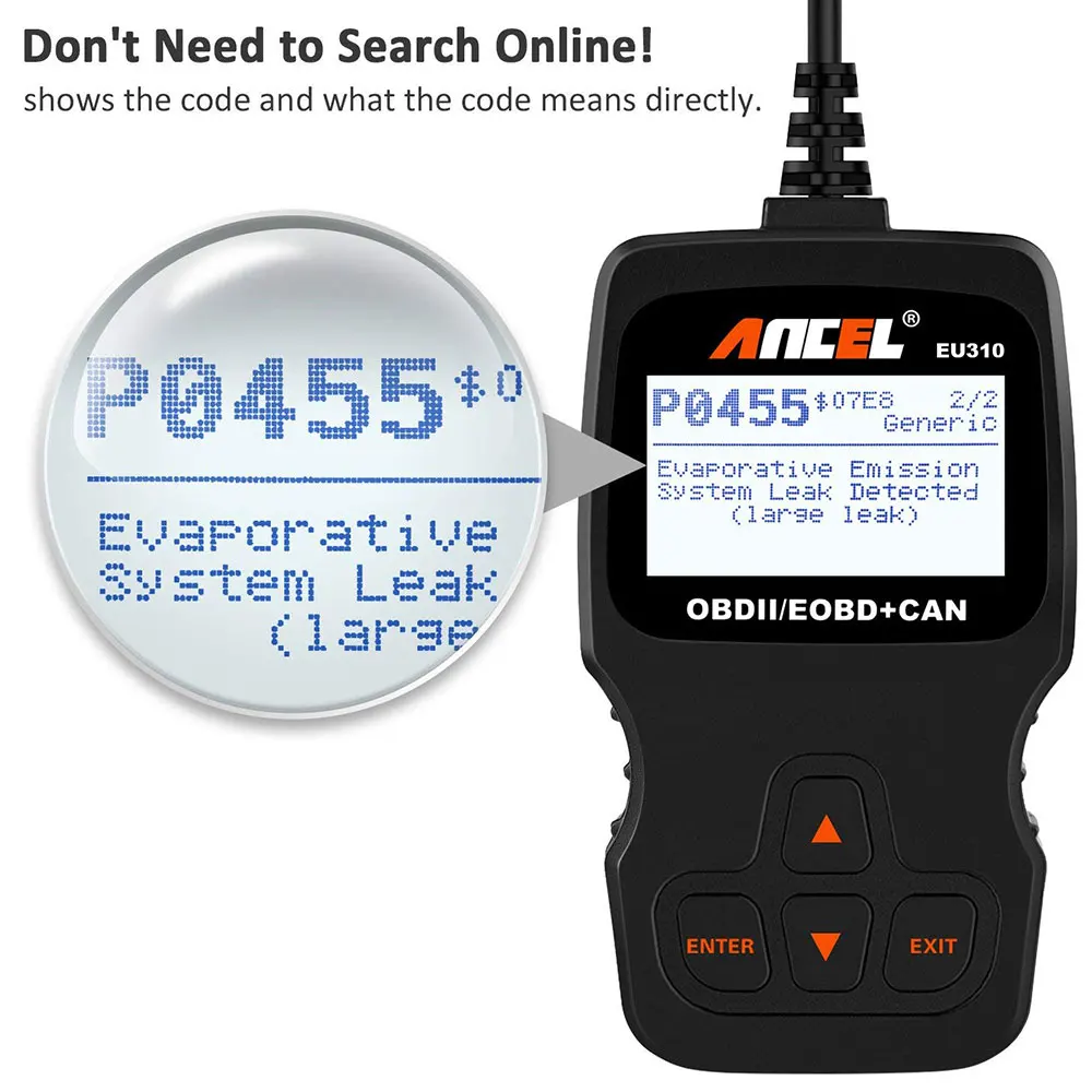 Ancel EU310 OBD2 сканер OBDII считыватель кодов неисправностей двигателя в 8 многоязычный