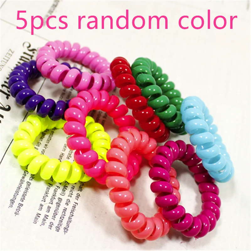 5pcs random color 5 шт., яркие цвета, телефонная линия, эластичная резинка, резинка для волос, веревка для волос для девочек, заколка для волос, аксессуар для весенней укладки - Цвет: 5pcs random color