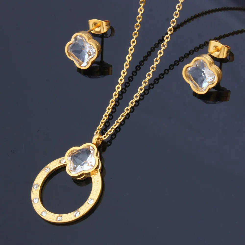 XUANHUA Stainless Steel Jewelry Sets For Women Wedding Crystal Necklace And Earring Gold Colour Plated Bridal | Украшения и