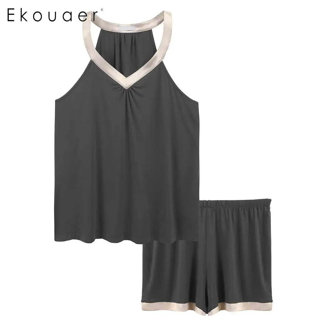 Ekouaer Women's Sexy Sleepwear Pajamas Set Sleeveless Patchwork Tank Tops and Shorts Ladies Lingerie Nightwear Pajama Suit | Женская