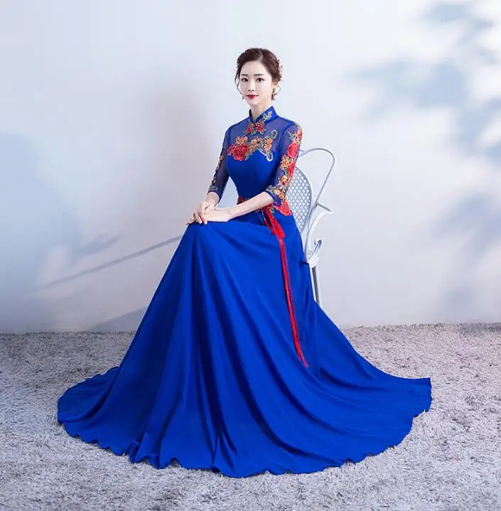 Роскошное Королевское синее вечернее платье свадебное Чонсам для невесты