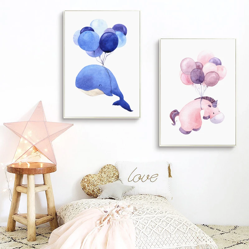 

Nordic Style Cute Bubble Watercolor Balloon And Whale Animal Kawaii Canvas Painting Poster Children Bedroom Wall Art Decoration