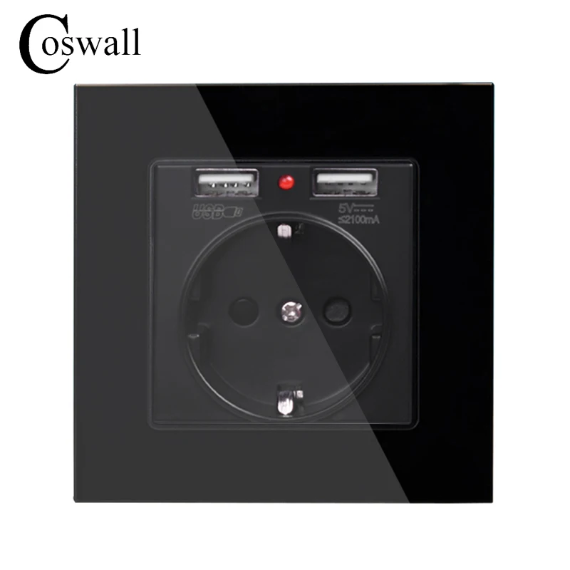 Coswall Хрустальная стеклянная панель с двумя usb-портами для зарядки 2.1A 16A Россия