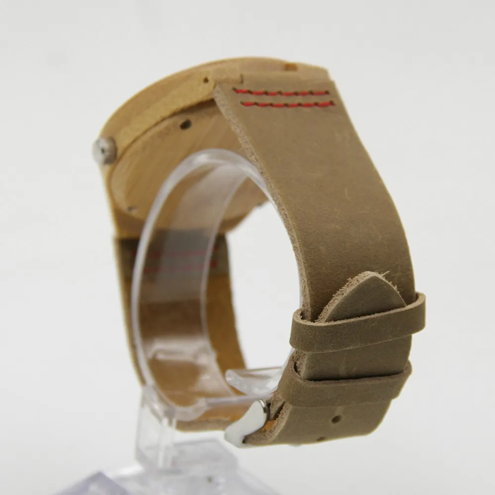 2016 модные деревянные часы из натурального бамбука с натуральной воловьей кожей