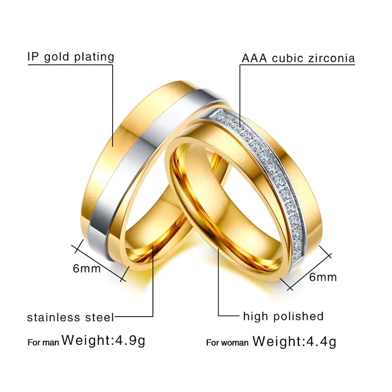 Vnox элегантные свадебные Кольца для Для женщин мужчин модные золотые Цвет CZ Камни