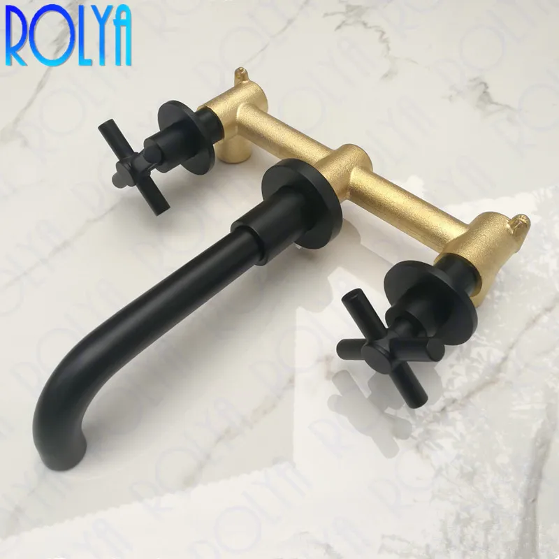 ROLYA Cross двойные ручки настенный кран для раковины матовый черный твердая латунь