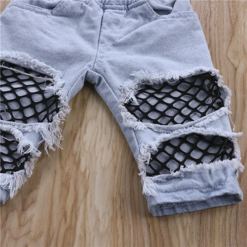 Топ джинсовый однотонный с открытыми плечами и штаны дырками|Комплекты одежды