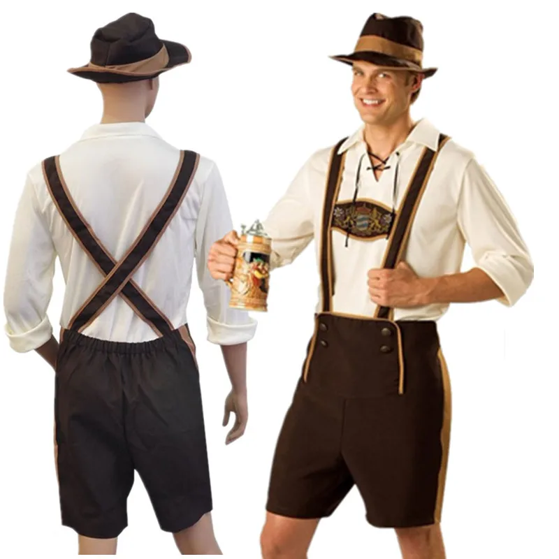 

Костюм Lederhosen мужской на Октоберфест, традиционная Баварская одежда для Фестиваля Пива, шорты для косплея, комплект с верхом и шапкой