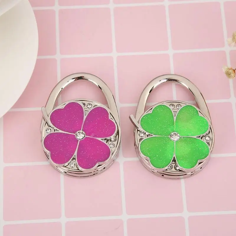 Lucky Grass Mini Handbag Hook Foldable Desk Table Bag Zinc Alloy Rhinestone Folding Purse Metal Holder Hanger Table Hooks