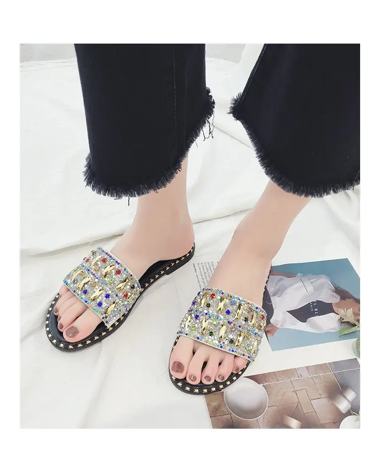 Летние шлепанцы; женская обувь с украшением в виде кристаллов; chaussures femme; Уличная обувь; Pantufa; тапочки мюли на плоской подошве