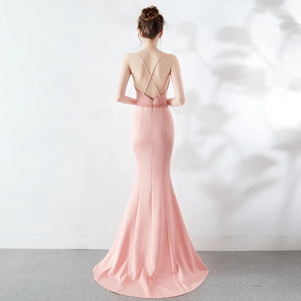 

Sladuo Elegant Women Pink Sleeveless Deep V Blackless Long Length Mermaid Evening Party Dress
