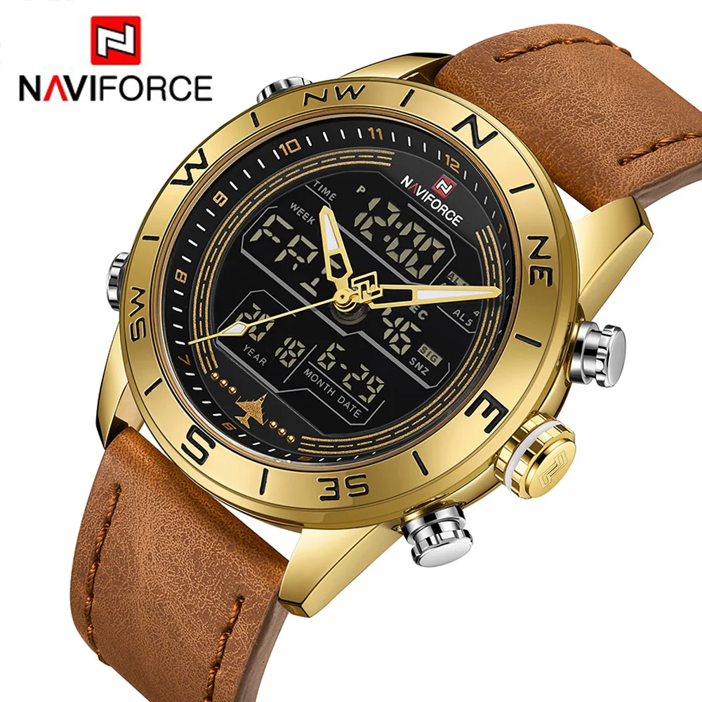 

NAVIFORCE 9144 модные золотые мужские спортивные часы, мужские светодиодные аналоговые цифровые часы, армейские военные кожаные кварцевые часы, ...
