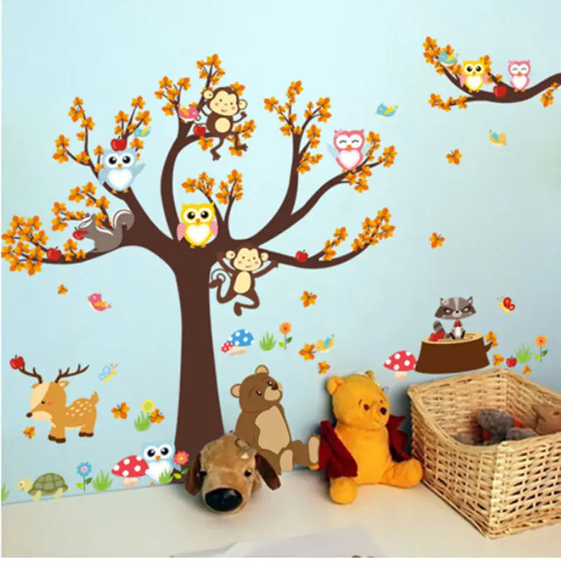 

Hot Cartoon Forest Tree Branch Animal Owl Monkey Bear Deer Wall Stickers For Kids Rooms Boys Girls Children Bedroom Home Decor