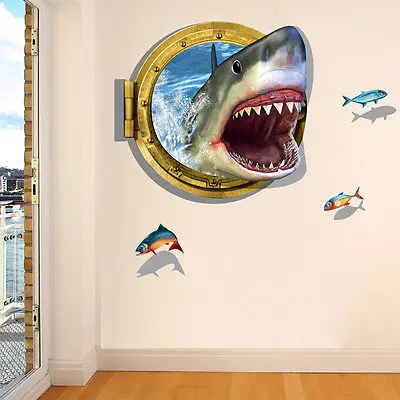 3D Vision Shark Out of Window Настенная Наклейка s мультяшная Акула портол вид Съемная ПВХ