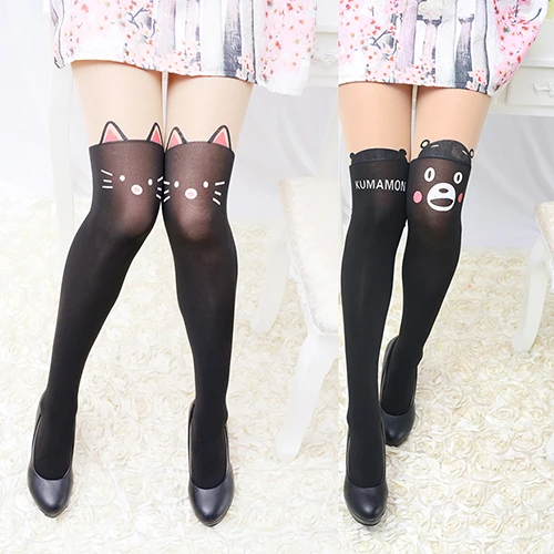 Женские черные тонкие колготки с мультяшным рисунком милые Лоскутные Колготки