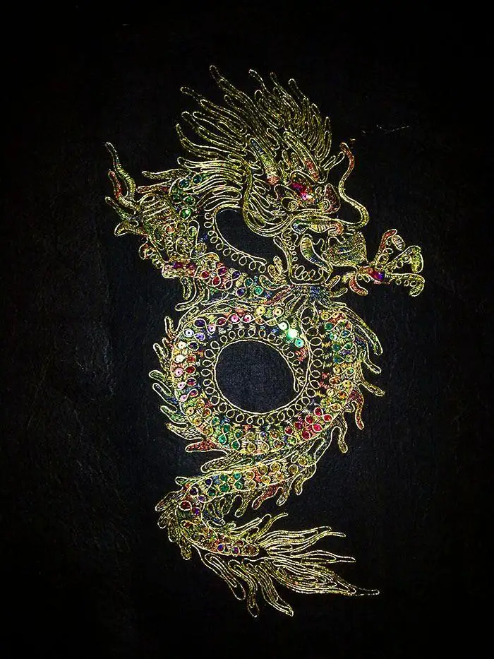 22*35cm large dragon embroidery on black gauze with paillette sew-on applique raw material for classic or performing clothes | Дом и сад