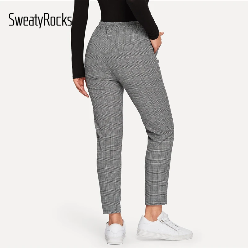 SweatyRocks, женские клетчатые брюки с завязками на талии, уличная одежда, серые брюки,, весенние Повседневные Классические зауженные брюки и брюки