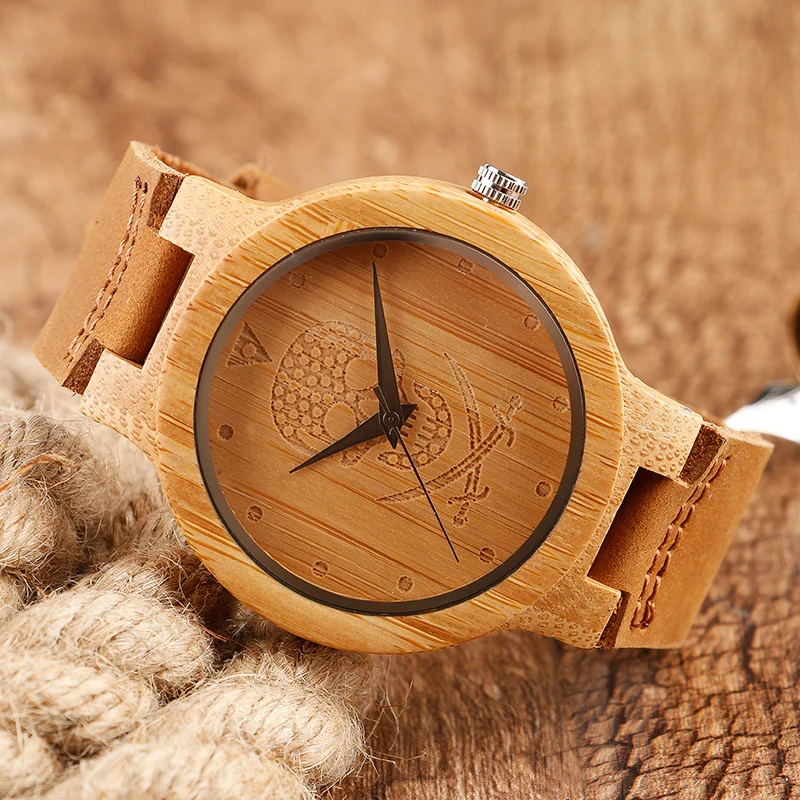 Часы наручные мужские с бамбуковым циферблатом креативные кварцевые в