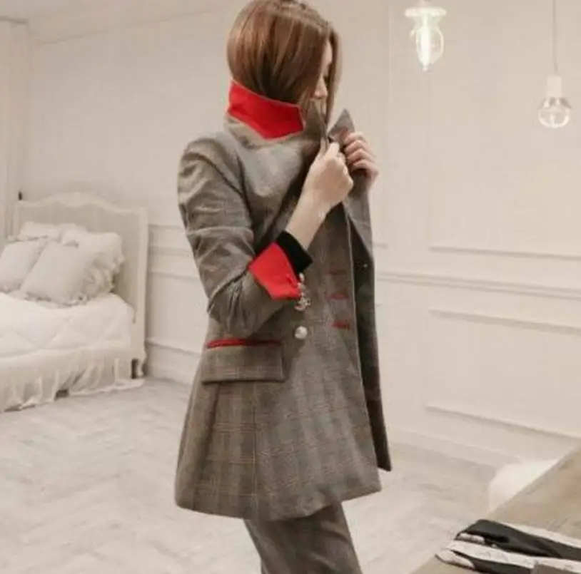 Осень 2020 деловой костюм из блейзера костюмы в клетку с брюками комплект двух