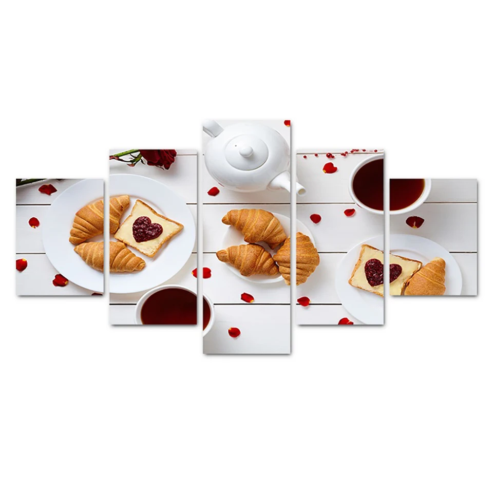

CLSTROSE Wall Art Modular HD Printed Poster Framework 5 Panel Bread Coffee Cup Pictures Modern Canvas Painting For Living Room