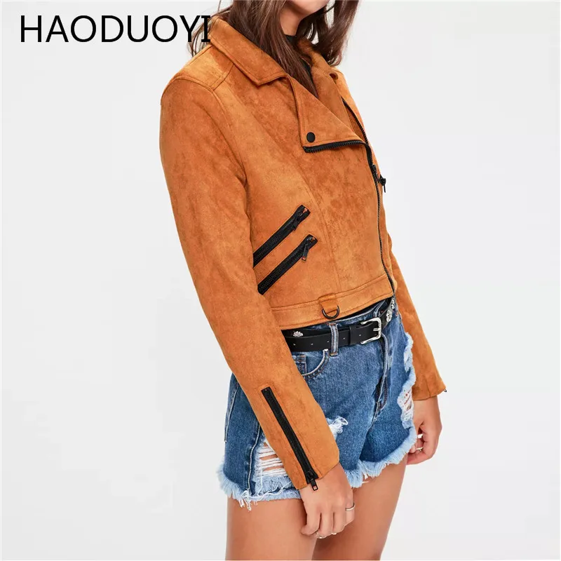 Haoduoyi моды осень Для женщин мотоцикл PU Базовая куртка замшей косой молнией