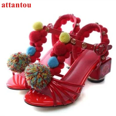 

Retro Style woman sandals hot red high heels fashion cube heel with colorful painting pompon female pumps wedding dress shoes