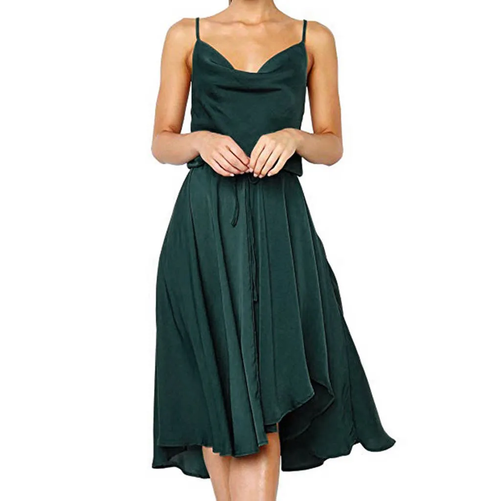 Винтажное платье Лето Женское 2019 v образный вырез однотонный Спагетти ремень без