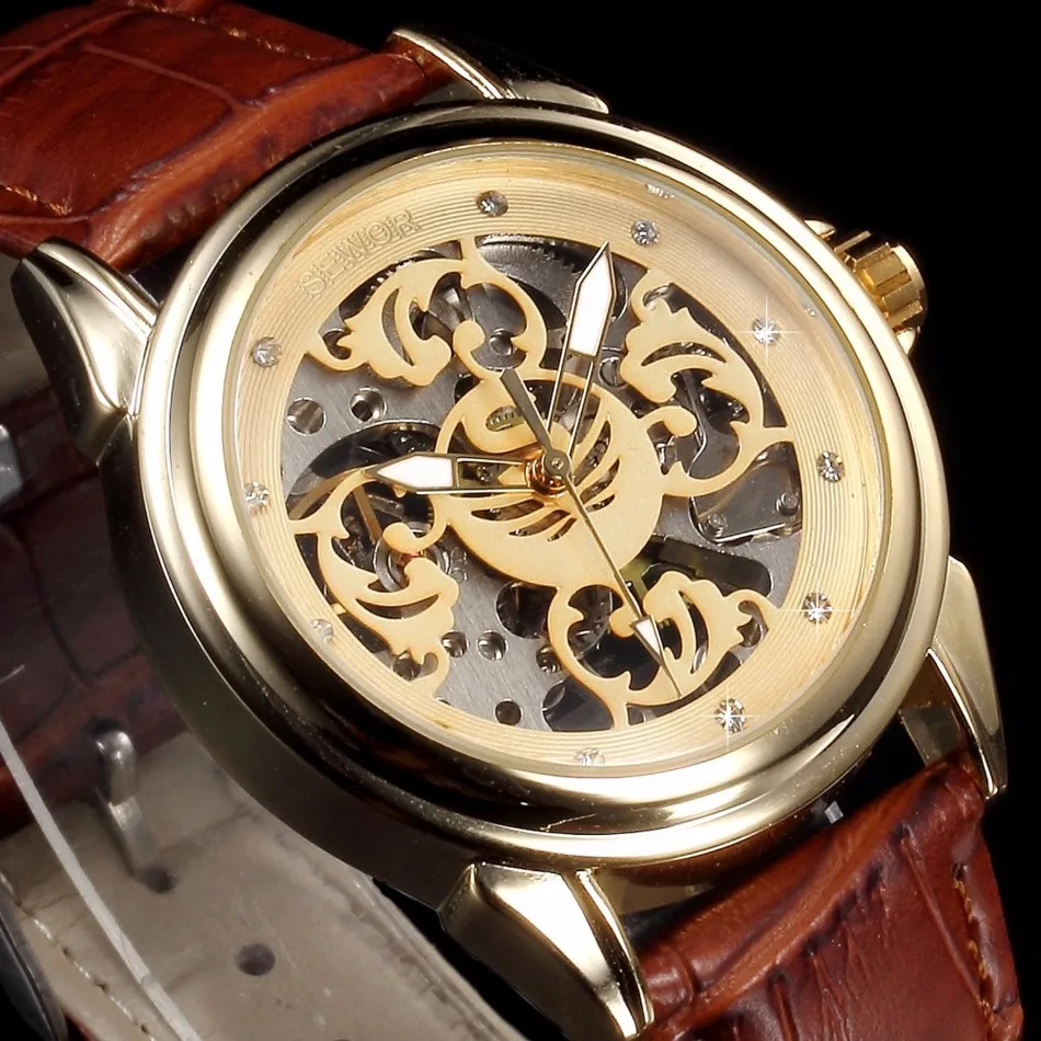 SEWOR Роскошные брендовые Золотые механические часы для мужчин коричневый кожаный