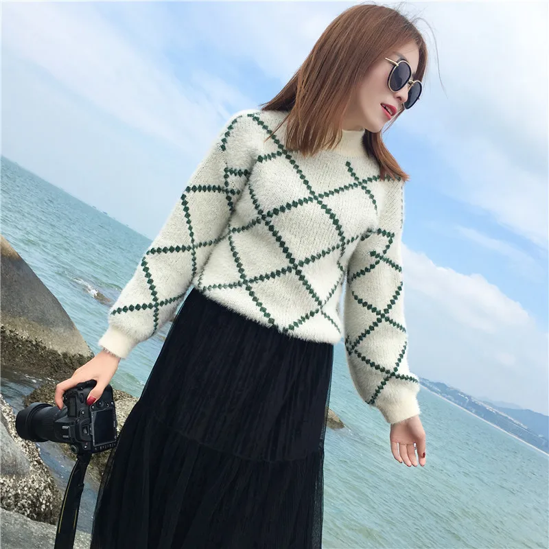 Autumn Winter women Sweaters and pullovers KoreanCAMTY Mohair Warm Full sleeve Jumper Loose Plaid Turtleneck Female | Женская одежда