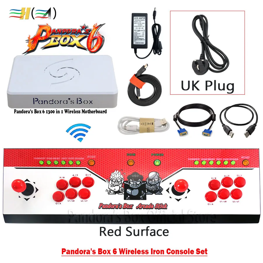 red UK plug 3а оригинальная игра Pandora's Box 6 1300 в 1 беспроводной аркадный джойстик 2 игрока железная консоль Комплект HDMI VGA usb для ПК ТВ ps3 Tekken - Цвет: red UK plug