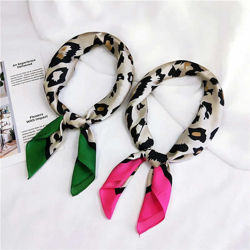 Women Elegant Little Silk Square Scarf Leopard Printed Ribbon Neckerchief Hair Tie Band Neckwear Vintage Soft Fashion Accessorie |