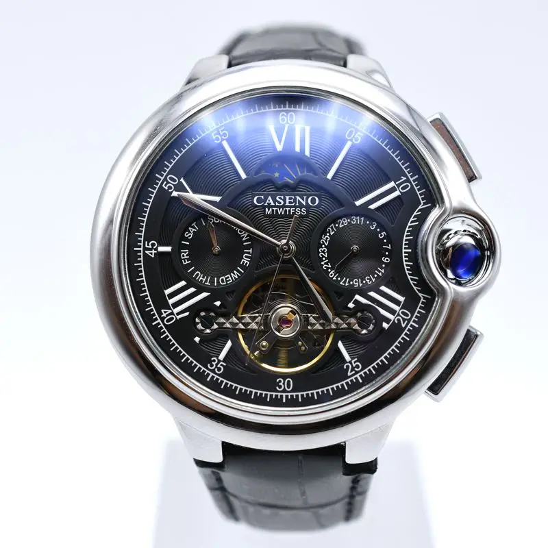 CASENO Tourbillon Мужские часы Топ бренд класса люкс ремень часы для мужчин автоматические механические наручные часы Скелет спортивные мужские часы relogio - Цвет: Серебристый