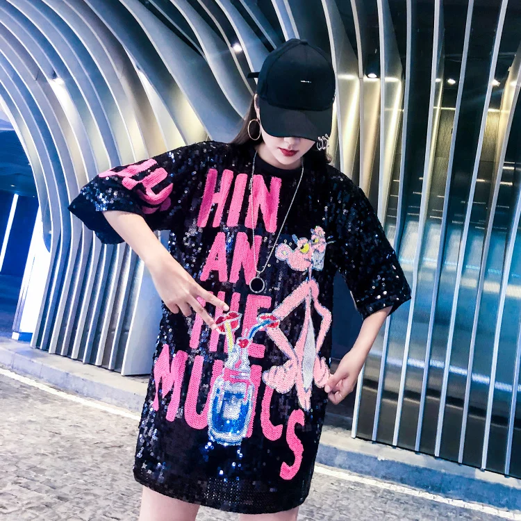 fashion Letter Sequins T Shirt Women Pink Panther Dress Summer Print T Shirt Women Half Sleeve Mini Dresses Oversize Tops